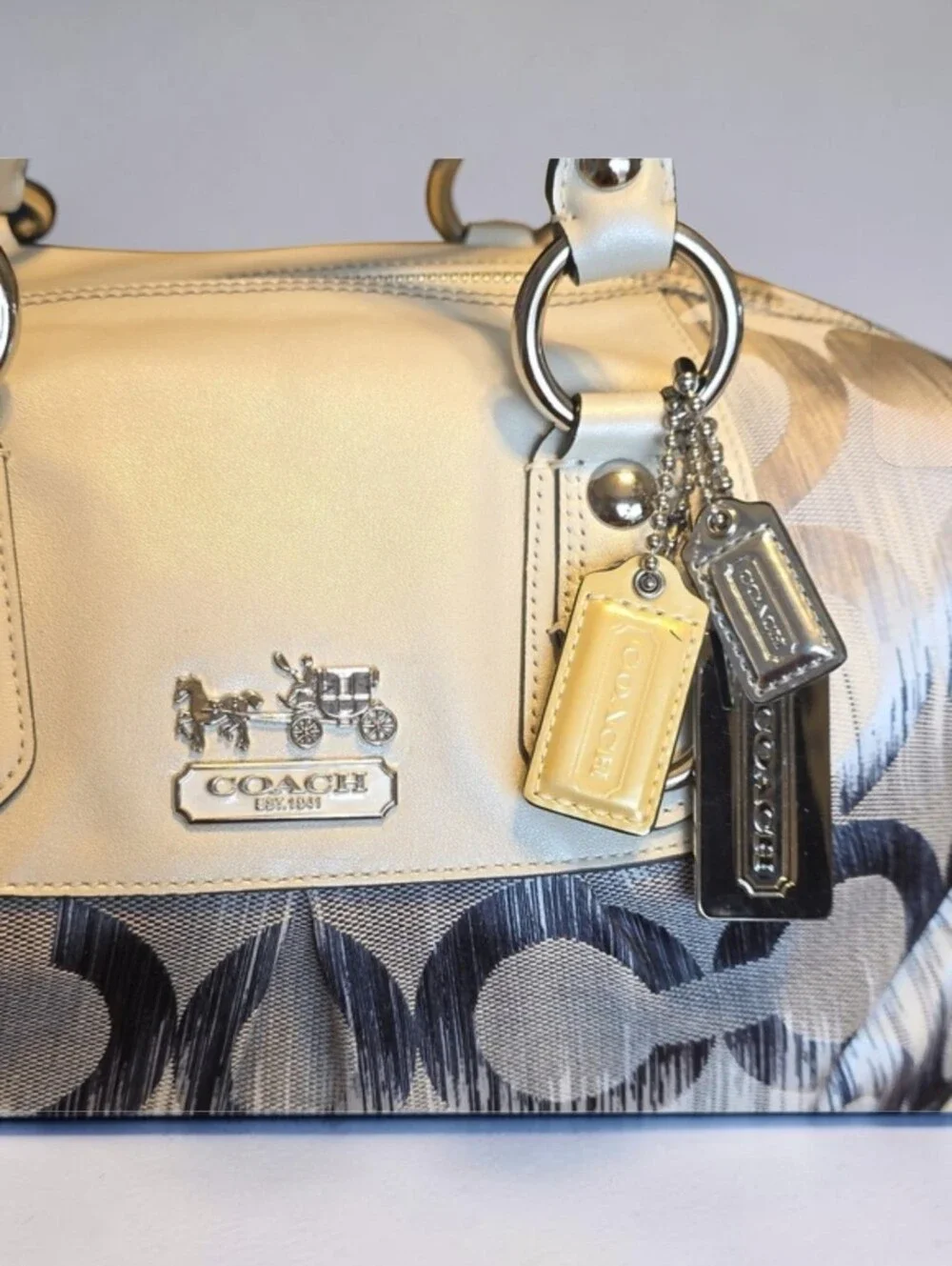 Coach Cream and Gray Signature Satchel with Leather Handles